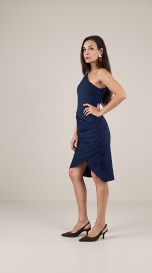 Navy Shell Mystery Dress – one-shoulder linen dress by Pure Vibe
