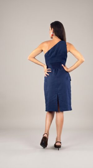 Navy Shell Mystery Dress – fitted one-shoulder linen dress