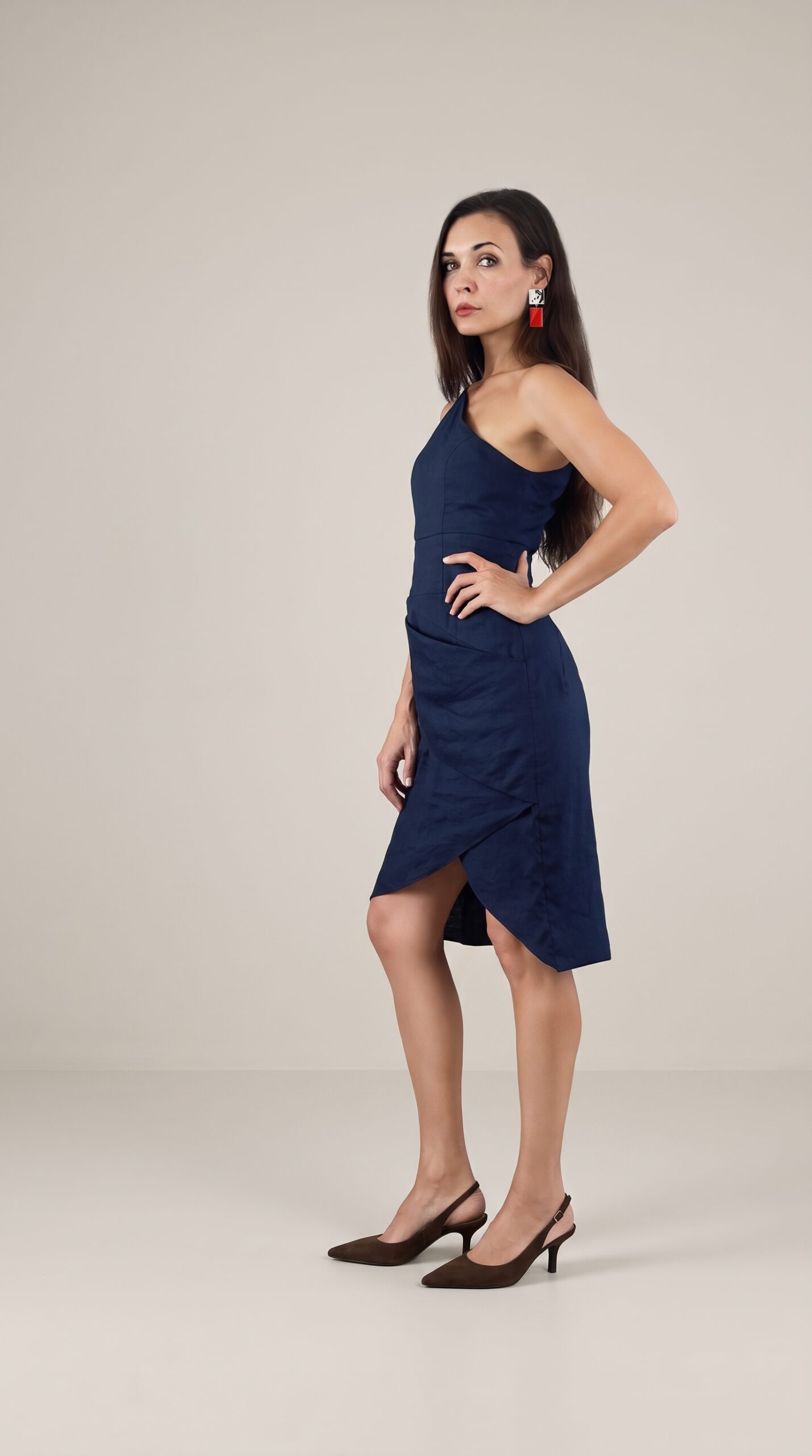 Navy Shell Mystery Dress – one-shoulder linen dress by Pure Vibe