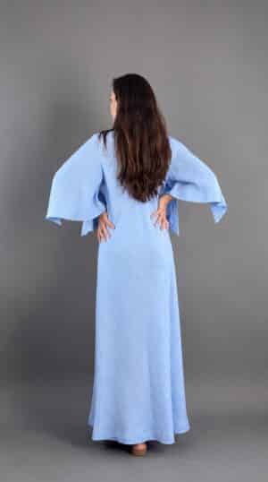 Moonlight Elegance sky blue maxi dress, three-quarter back view – Pure Vibe