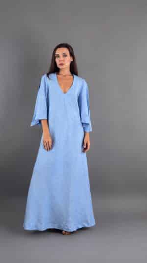 Sky blue Moonlight Elegance maxi dress with relaxed sleeves, front view – Pure Vibe