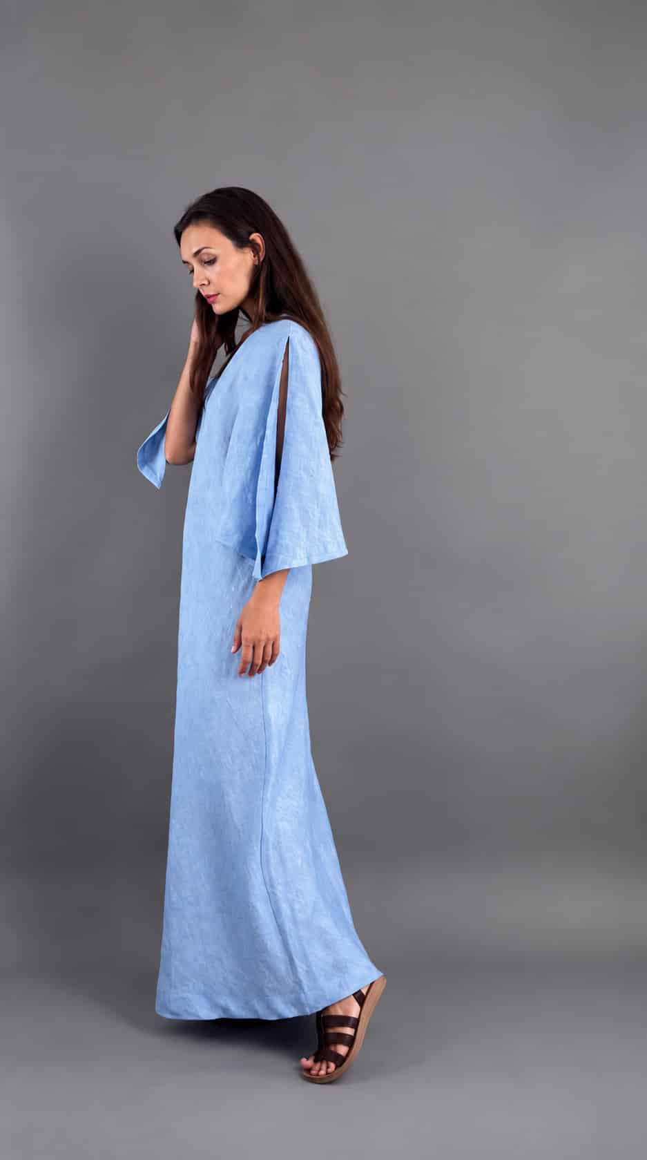 Moonlight Elegance sky blue maxi dress with relaxed sleeves, side view – Pure Vibe