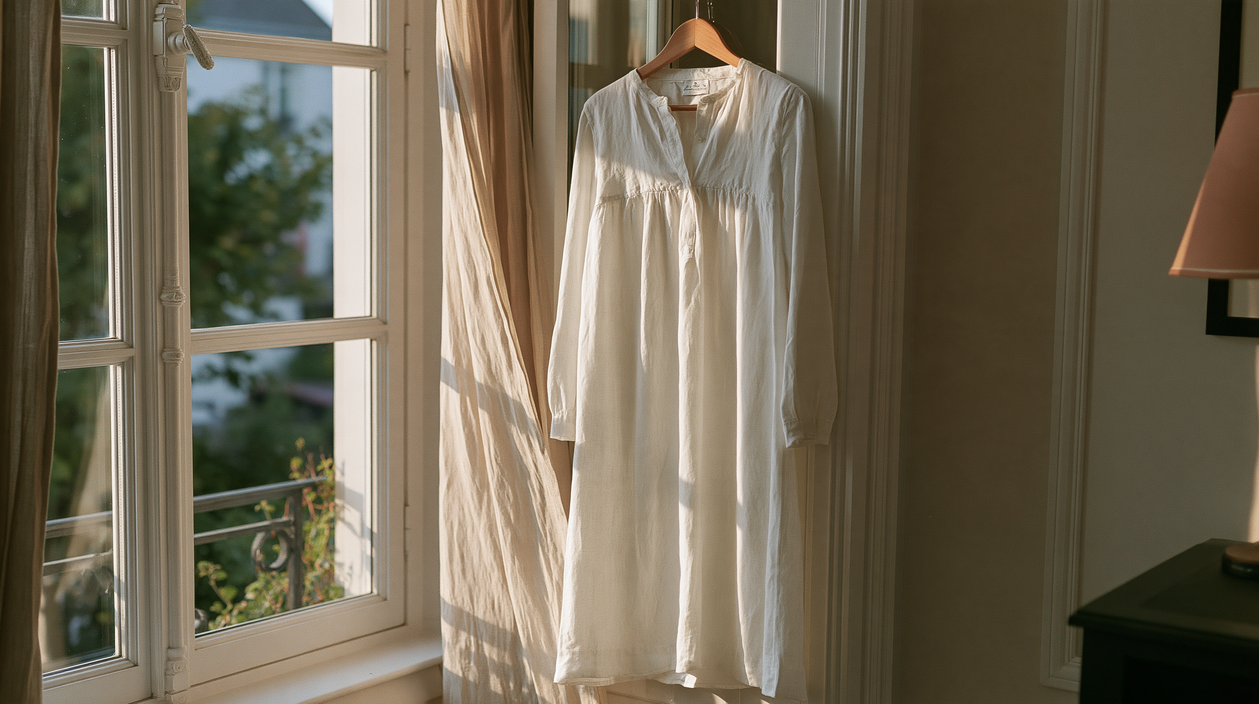 Pure Vibe linen dress hanging by an open window in soft light