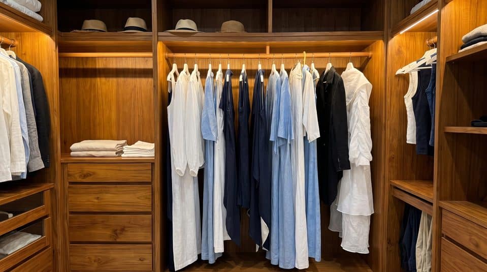 Linen garments on wide hangers in a wardrobe